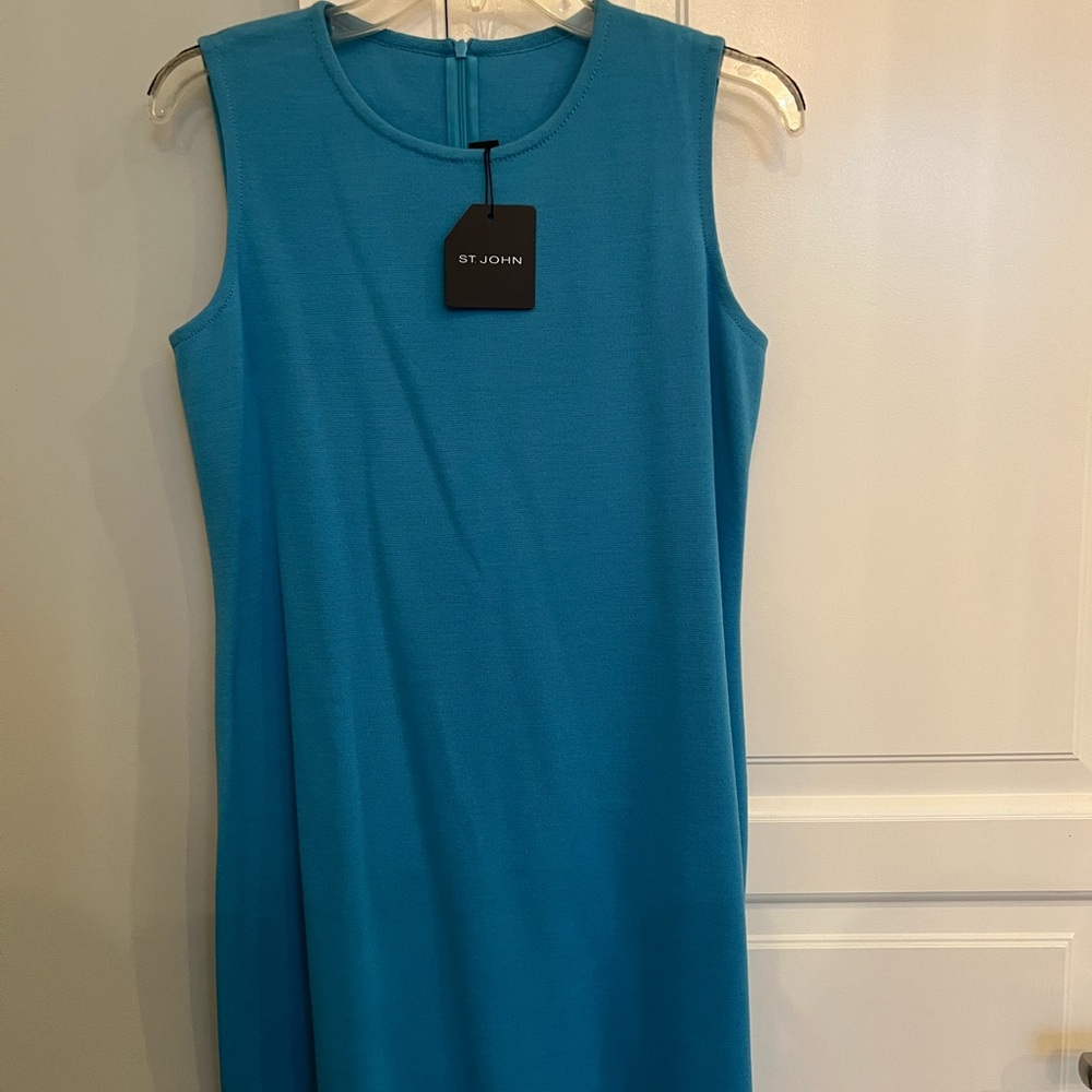 St. John Blue Midi Sheath Dress with Crew Neck for Casual Work